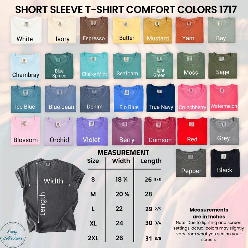 Puede incluir: Una exhibici&oacute;n de camisetas de manga corta en varios colores, incluyendo blanco, azul y rojo. La imagen incluye una tabla de tallas con medidas en pulgadas, que van desde la S hasta la 2XL, con detalles de ancho y largo.