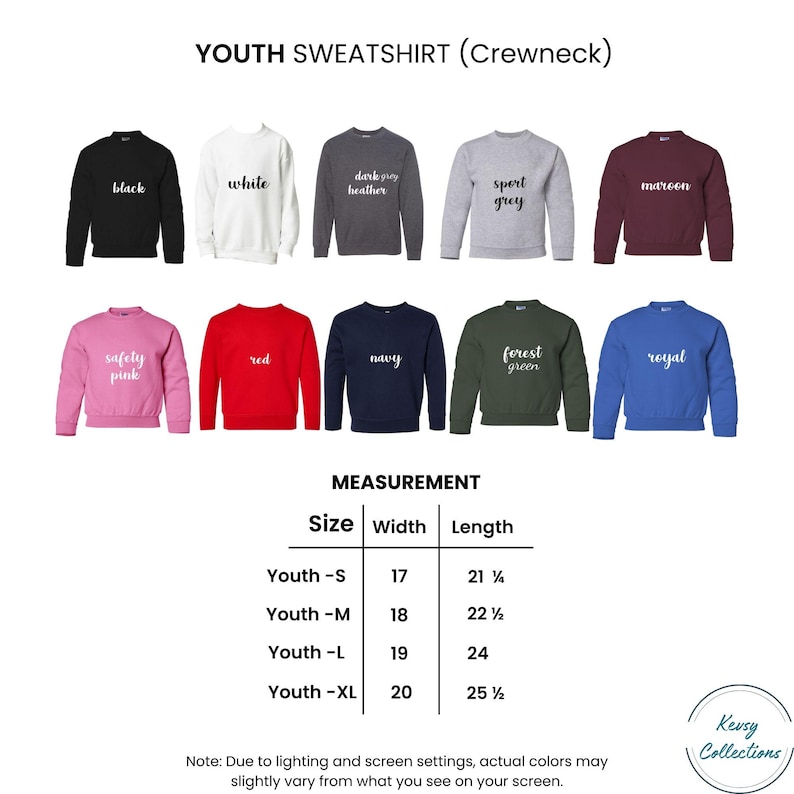 May include: A display of youth crewneck sweatshirts in various colors, including black, white, and navy. The image includes a size chart with measurements in inches, and the text "YOUTH SWEATSHIRT (Crewneck)".