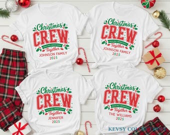 May include: Four white t-shirts with the text "Christmas CREW" in red and green, with family names and the year 2025. Red and green plaid pyjama bottoms and Christmas decorations surround the shirts.