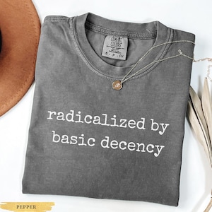 Peut inclure: Un t-shirt gris Comfort Colors avec l'inscription blanche "radicalized by basic decency". Un collier argenté avec un petit pendentif est posé sur le t-shirt. Un chapeau marron est visible en haut à gauche.
