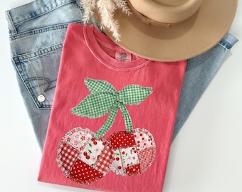 Comfort Colors® Cherry Shirt, Faux Patchwork Quilted Farmhouse Cherry Tee, Rustic Gingham Floral Cottagecore Fruits, Vintage Fruit Shirt