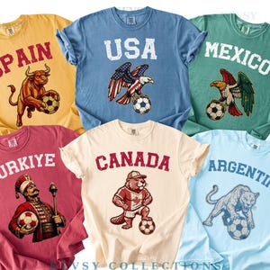Comfort Colors® Retro Soccer National Team Mascot Shirt, Country Support Tees USA Mexico Brazil Canada Spain Argentina Gift