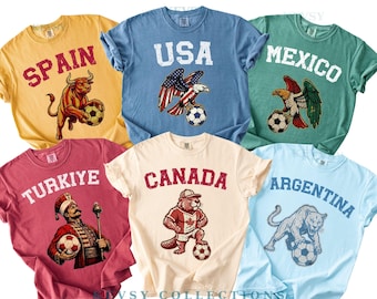 Comfort Colors® Retro Soccer National Team Mascot Shirt, Country Support Tees USA Turkiye Brazil Canada Gift