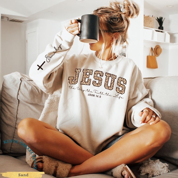 Custom Christian Jesus Sweatshirt, Leopard Print Bible Verse Shirt, Trendy Faith Apparel Gift, Jesus Loves You, The Way The Truth The Life