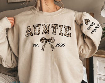 Custom Leopard Auntie Sweatshirt With Kid Name On Sleeve, Personalized Auntie Shirt, Gift For Aunt Christmas Gifts Aunt to Be, Aunt Hoodie