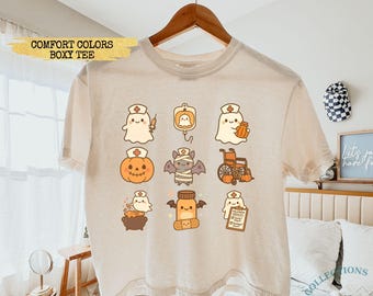 Comfort Colors® Ghost Nurse Halloween Cropped Tee, Halloween Nurse Boxy Shirt, Spooky Nurse Halloween Nurse Gift School Nurse Nicu Nurse Boo