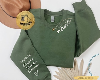 Custom Nana Embroidered Sweatshirt With Kids Names On Sleeve, Personalized Grandma Embroidery Hoodie, Birthday Mimi Outfits Pregnancy Reveal