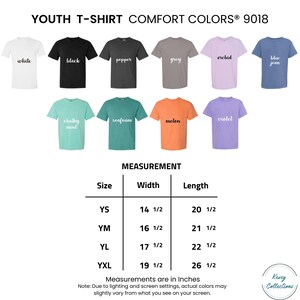 May include: A display of youth t-shirts in various colors, including white, black, and blue jean. The shirts are labeled with their color names. Measurements are provided in inches for different sizes, ranging from YS to YXL. The text "YOUTH T-SHIRT COMFORT COLORS&reg; 9018" is at the top.