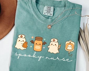 Comfort Colors® Cute Ghost Nurse Halloween Shirt, Halloween Nurse Shirt, Spooky Nurse Shirt, Halloween Nurse Gift, School Nurse, Nicu Nurse