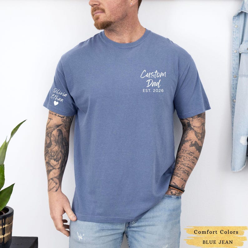 Personalized Dad Shirt with Kids Names, Custom Dad Shirt, Comfort Colors Dad Est Year T-Shirt, First Fathers Day Gift, New Dad Gift zdjęcie 3