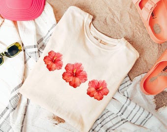 Comfort Colors® Hibiscus Flower Shirt | Tropical Floral T-Shirt | Hawaii Vacation Beach Tee | Summer Vibes Shirt for Women | Coastal Tee