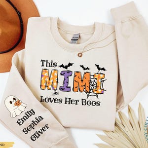 Custom Halloween Spooky Mimi Sweatshirt with Kids Name on Sleeve Personalized Mimi Shirt Halloween Sweatshirt Mimi Halloween Gift Mimi Gifts