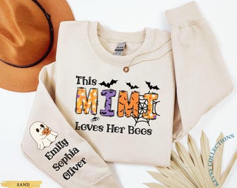 Sudadera Mimi personalizada de Halloween espeluznante con nombre de niño en la manga. Camiseta Mimi personalizada. Sudadera de Halloween. Regalo de Halloween Mimi. Regalos Mimi.