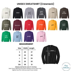 May include: A product image showcasing a variety of unisex crewneck sweatshirts in various colors, including white, black, and grey. The image also includes a size chart with measurements in inches, ranging from S to 2XL, with width from 20 to 28 inches and length from 27 to 31 inches.