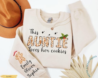 Custom Christmas Gingerbread Cookies Auntie Sweatshirt with Kids Name on Sleeve Personalized Auntie Shirt Christmas Aunt Gifts for Xmas