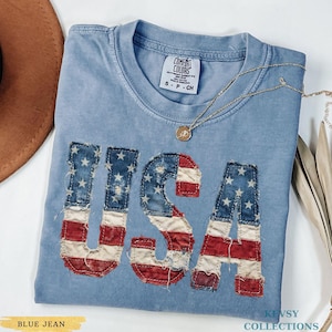 Comfort Colors® Vintage Faux Patchwork USA Shirt Retro USA Tee Trendy 4th of July Gift, Patriotic Shirt, American Flag Shirt