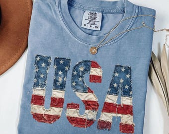 Comfort Colors® Vintage Faux Patchwork USA Shirt Retro USA Tee Trendy 4th of July Gift, Patriotic Shirt, American Flag Shirt