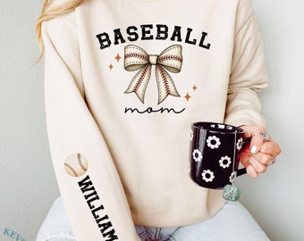 Personalize Baseball Mom Kids Name On Sleeve Sweatshirt, Baseball Season Shirt, Mom Baseball Sweater, Baseball Mama Shirt, Baseball Mom Gift