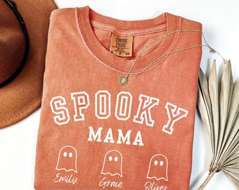 Comfort Colors® Custom Spooky Mama Shirt, Mom Halloween Shirt with Kids Names, Cute Ghost Shirt with Name, Halloween Tee for Mom Mama Gift