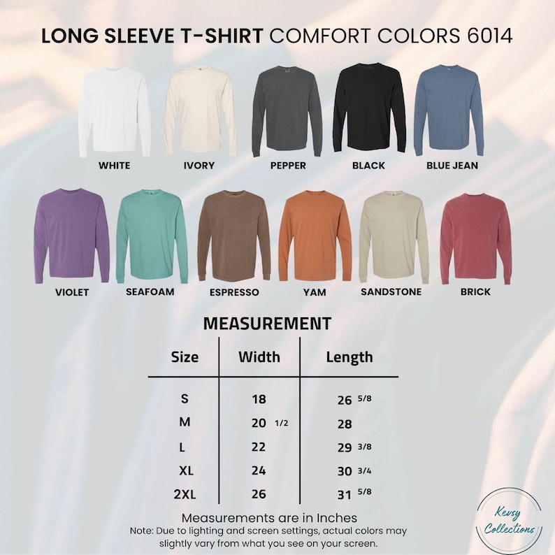 Puede incluir: Una exhibici&oacute;n de camisetas de manga larga en varios colores, incluyendo blanco, negro y azul vaquero. La imagen incluye una tabla de tallas con medidas en pulgadas, que van desde la peque&ntilde;a hasta la 2XL. El texto dice "LONG SLEEVE T-SHIRT COMFORT COLORS 6014."