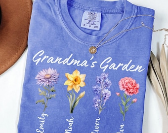 Comfort Colors® Custom Grandma Shirt with Birth Flowers and Names Grandma's Garden Birthflower Tee Personalized Nana Shirt Mothers Day Gift