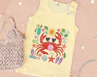 Comfort Colors® Funny Crab Tank Top, Crab Blowing Bubble Graphic Tee, Beach Vibes Nautical Shirt, Summer Vacation Gift Graphic Summer Shirt