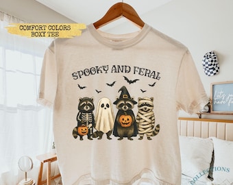 Comfort Colors® Spooky and Feral Raccoon Boxy Shirt, Funny Halloween Raccoon Cropped Tee, Cute Trendy Womens Halloween T-Shirt, Vintage Fall