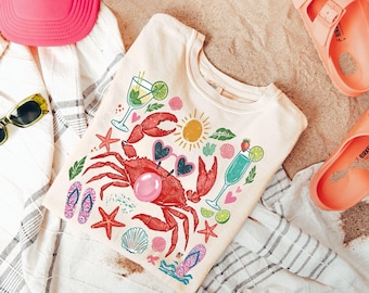 Comfort Colors® Funny Crab Shirt, Crab Blowing Bubble Graphic Tee, Beach Vibes Nautical T-shirt, Summer Vacation Gift, Graphic Summer Shirt