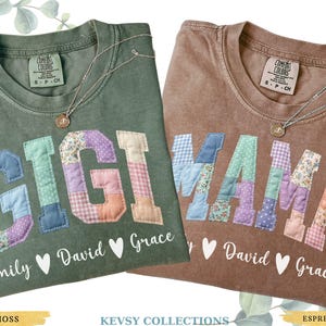 May include: Two Comfort Colors t-shirts, one moss green and one espresso brown, with the words "GIGI" and "MAMA" appliqued in patchwork fabric. Each shirt has names and hearts below the letters, and a necklace.