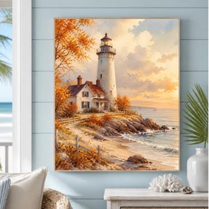 Lámina decorativa de faro para imprimir, faro costero de Nueva Inglaterra en otoño, decoración para casa de playa, lámina para imprimir junto al mar, descarga digital instantánea.