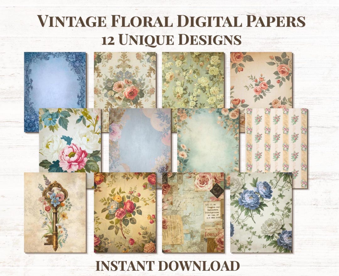 Vintage Floral Digital Paper, Junk Journal Pages, Romantic Scrapbook ...