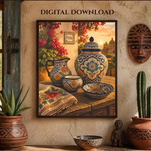 Mexican Folk Art Talavera Pottery Print, Puebla Ceramic Vases Still Life Painting, Vibrant Hacienda Kitchen Decor, Rustic Southwest Wall Art