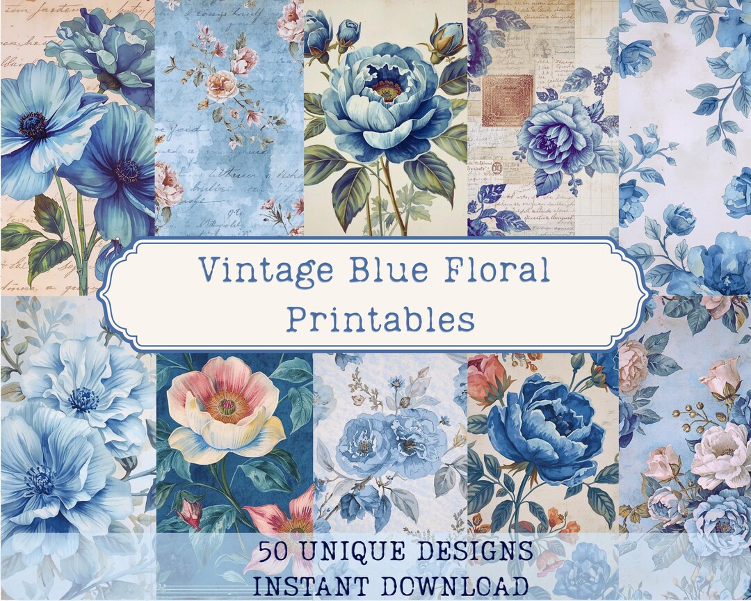 Vintage Blue Floral Digital Paper Pack, 50 Unique Botanical Designs #2 ...