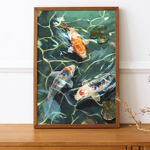 Dance of the Koi – Printable digital art | Japanese water illustration | Colorful koi fish in a serene zen pond wall decor