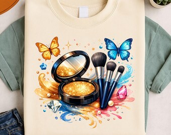 Gouden glitter make-up compact png-bestand, vlinderdiamant schoonheidsontwerp (digitale download)