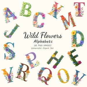 26 Watercolor Floral Alphabet, Wildflowers Clipart, Floral Letters, Alphabet Clipart, Wedding Clipart, Stickers Clipart