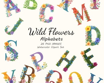 Aquarel bloemen alfabet clipart, wilde bloemen letters (digitale download)