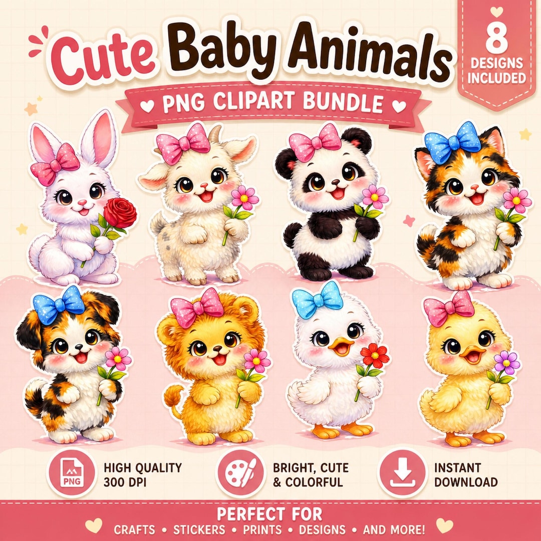 Cute Baby Animals PNG Clipart Bundle, Kawaii Animal Clipart, Bunny ...