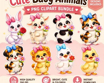 Cute Baby Animals PNG Clipart Bundle, Kawaii Animal Clipart, Bunny Panda Duck Lion Goat Cat Puppy, Kids Sublimation, Sticker Design