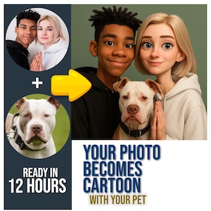 Animation de dessin animé personnalisée, portraits d'animaux de compagnie personnalisés à l'aide d'une photo d'animal de compagnie, portrait de famille de dessin animé personnalisé à partir d'une photo, portrait de dessin animé de couple, numérique