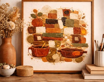 Aardse abstracte keukenkunstprint, rustiek boerderijdecor (digitale download)