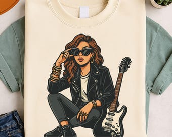 Glamrock gitarist vrouw PNG, jaren 80 Rockstar clipart, muziek kunst clipart, rockster meisje sublimatie design, afdrukbare digitale download