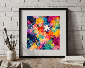 Abstracte bloemenprint, kleurrijke flowerpowerkunst (digitale download)