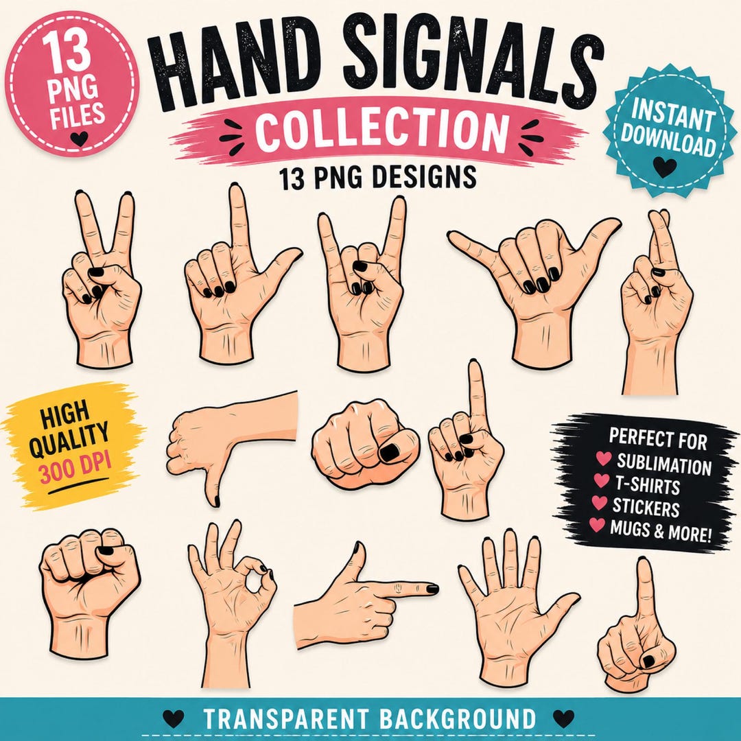 Hand Signals PNG Bundle, 13 Hand Gesture Clipart, Finger Signs ...