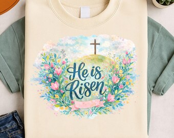 He Is Risen aquarel kruis png, bloemen tulp Pasen sublimatie ontwerp, christelijke Pasen png, religieuze clipart