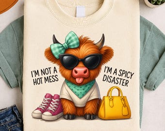 I'm Not A Hot Mess, I'm A Spicy Disaster PNG, Funny Highland Cow PNG, Cow Girl Sublimation Design, Cute Cow Clipart, Digital Download