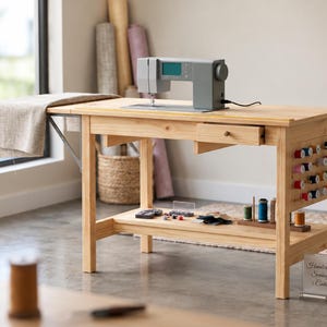 May include: A light-colored wooden sewing cabinet with a gray sewing machine on top, a side drawer, a fold-out extension, and a side rack holding multiple spools of thread. A lower shelf holds sewing supplies, and a sign reads Handcrafted Beck Sewing Cabinet Custom Built.