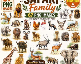 Safari Animals PNG Bundle 67 Images, Watercolor Jungle Animals Clipart, Baby Nursery Animal PNG, Sublimation Design, Commercial Use