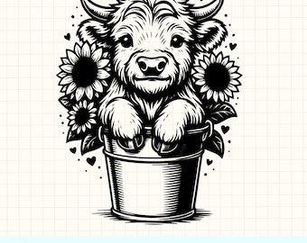 Hooglandkoe in emmer SVG: zonnebloem clipart, boerderij dieren vector (digitale download)