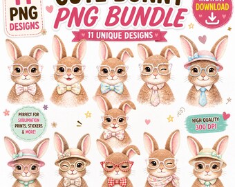 Bunny PNG Bundle, Easter Bunny Clipart, Cute Rabbit PNG, Spring Bunny Clipart, Sublimation Design, Instant Download